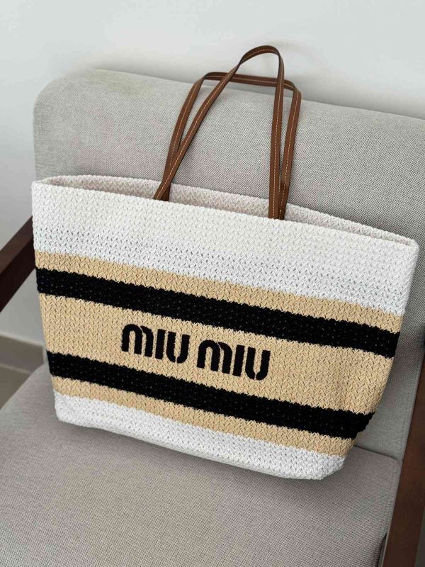 Miu Miu Raffia Effect Woven Tote Bag In Beige And White Stripes
