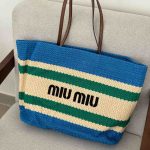 Miu Miu Raffia Effect Woven Tote Bag In Beige, Blue And Green Stripes