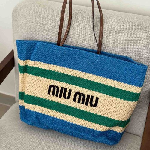 Miu Miu Raffia Effect Woven Tote Bag In Beige, Blue And Green Stripes