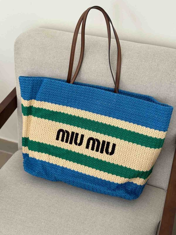 Miu Miu Raffia Effect Woven Tote Bag In Beige, Blue And Green Stripes