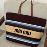 Miu Miu Raffia Effect Woven Tote Bag In Beige, Brown And Blue Stripes