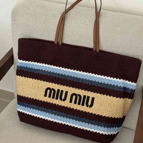 Miu Miu Raffia Effect Woven Tote Bag In Beige, Brown And Blue Stripes