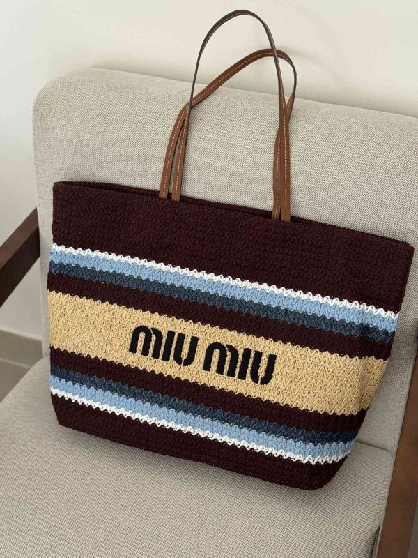 Miu Miu Raffia Effect Woven Tote Bag In Beige, Brown And Blue Stripes