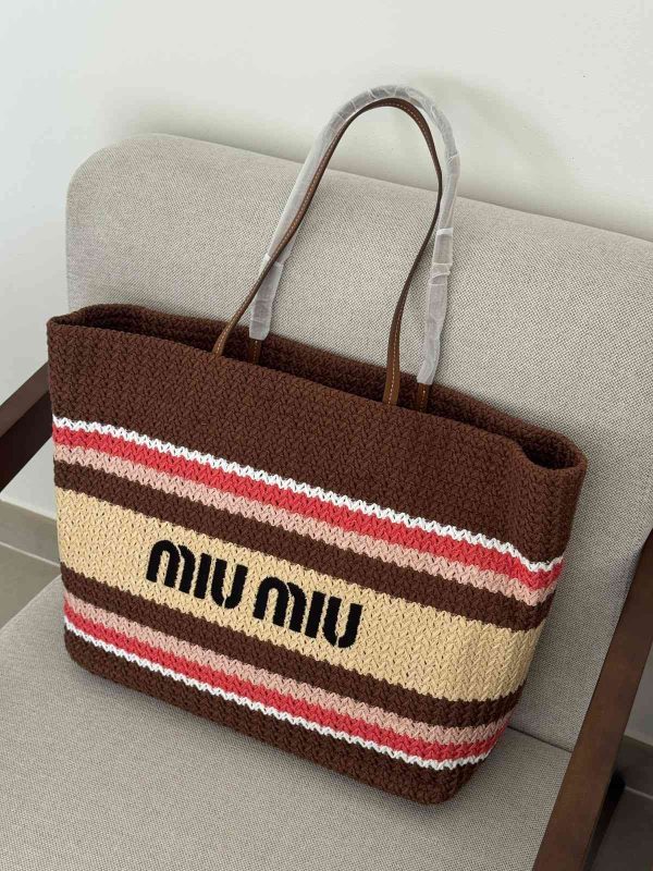 Miu Miu Raffia Effect Woven Tote Bag In Beige, Brown And Red Stripes