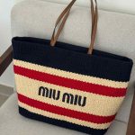 Miu Miu Raffia Effect Woven Tote Bag In Blue, Beige And Red Stripes