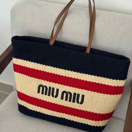 Miu Miu Raffia Effect Woven Tote Bag In Blue, Beige And Red Stripes
