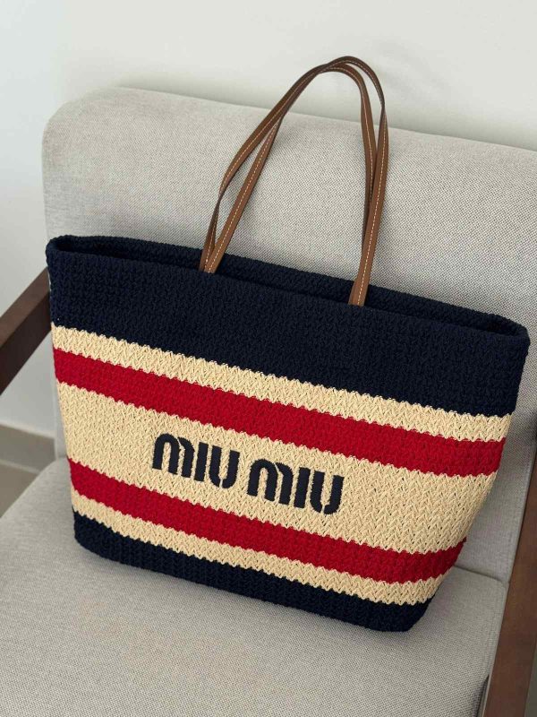 Miu Miu Raffia Effect Woven Tote Bag In Blue, Beige And Red Stripes