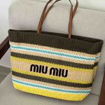 Miu Miu Raffia Effect Woven Tote Bag In Brown And Yellow Stripes
