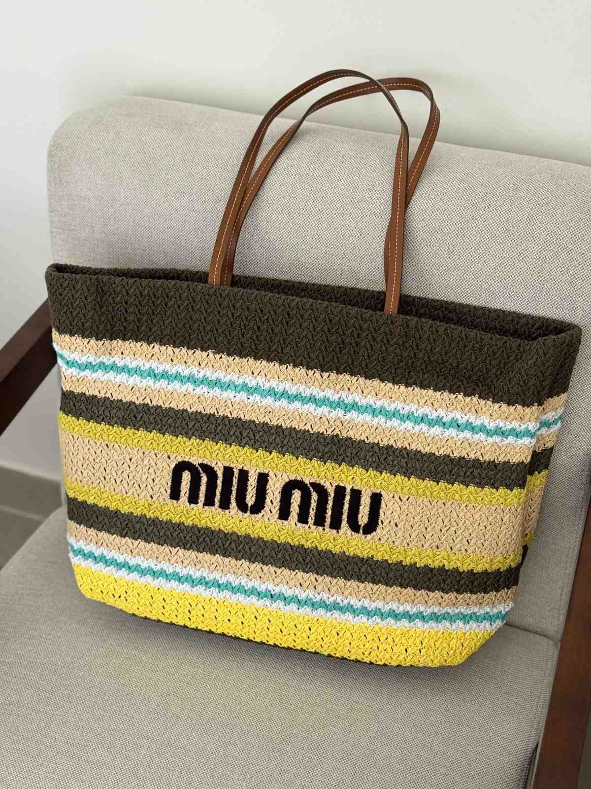 Miu Miu Raffia Effect Woven Tote Bag In Brown And Yellow Stripes Miu Miu Raffia Effect Woven Tote Bag In Brown And Yellow Stripes - Image 1
