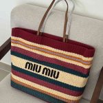 Miu Miu Raffia Effect Woven Tote Bag In Burgundy And Beige Stripes