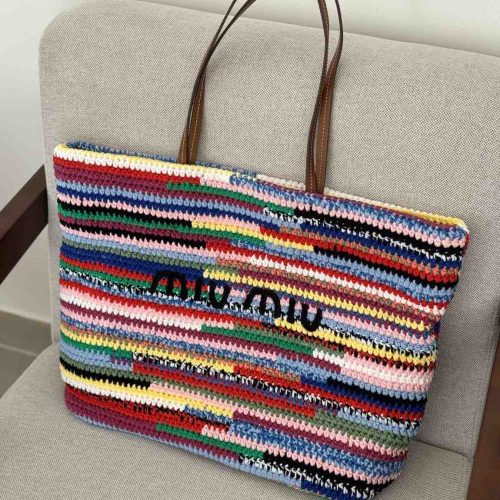 Miu Miu Raffia Effect Woven Tote Bag In Multicolour Stripes