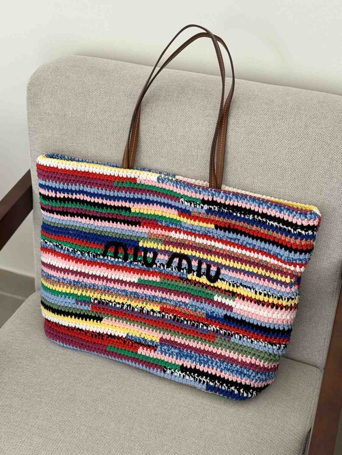 Miu Miu Raffia Effect Woven Tote Bag In Multicolour Stripes Miu Miu Raffia Effect Woven Tote Bag In Multicolour Stripes