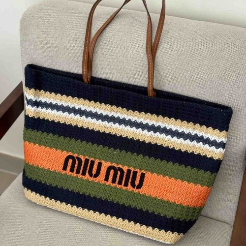 Miu Miu Raffia Effect Woven Tote Bag In Navy, Olive, And Orange Stripes