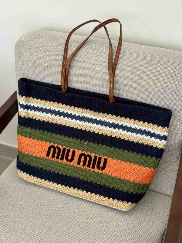 Miu Miu Raffia Effect Woven Tote Bag In Navy, Olive, And Orange Stripes