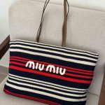 Miu Miu Raffia Effect Woven Tote Bag In White And Red Stripes