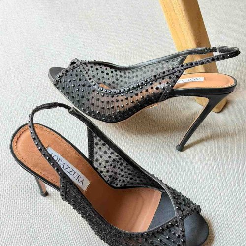 Aquazzura Crystal Lover 105 Black crystal Embellished Mesh Heels