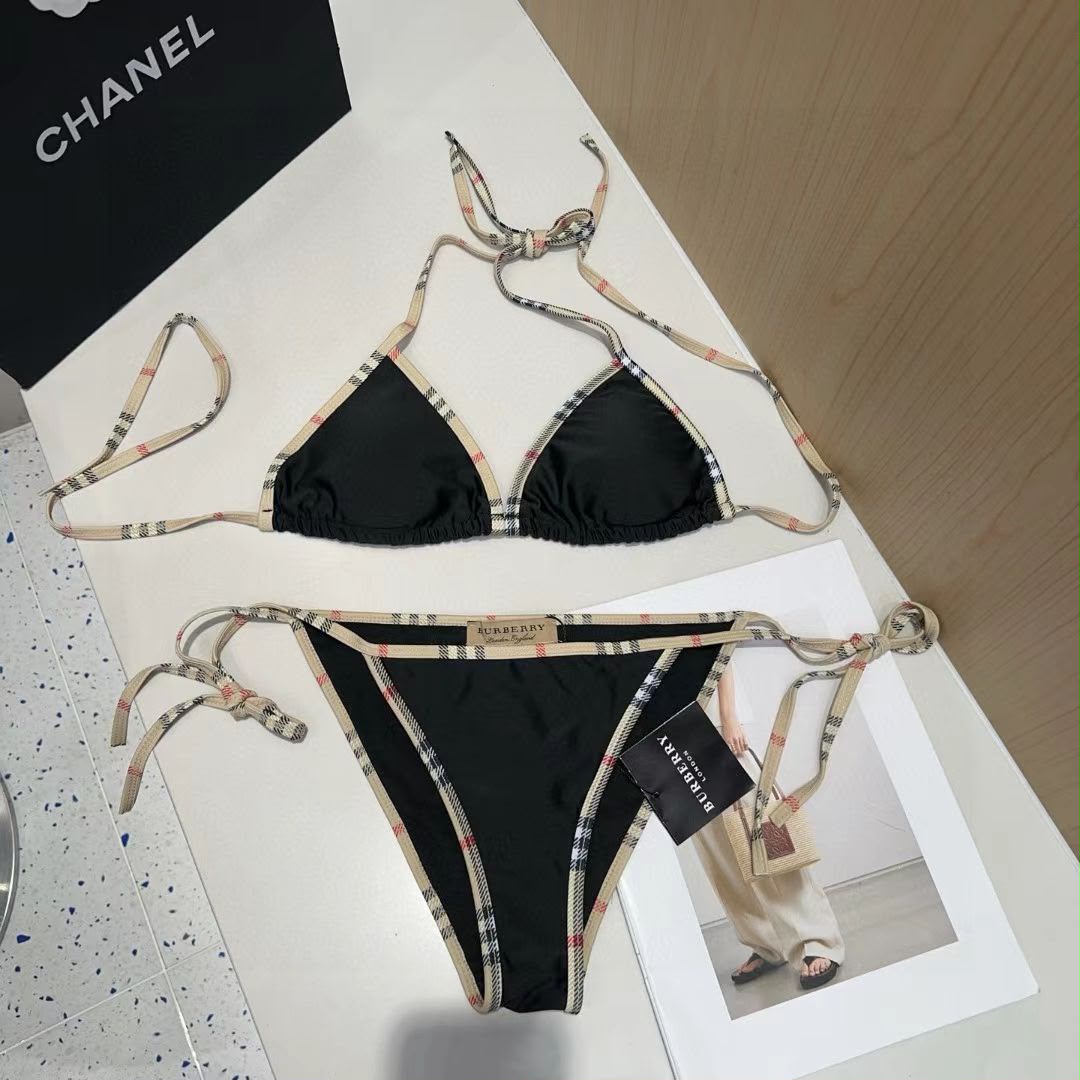 Burberry Check Trim Bikini In Black Burberry Check Trim Bikini In Black