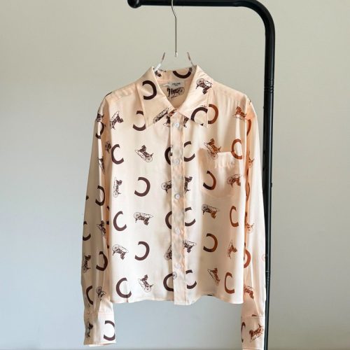 Celine Silk Twill Cropped Shirt Cream & Tan Carriage Monogram