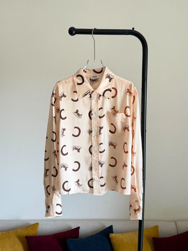 Celine Silk Twill Cropped Shirt Cream & Tan Carriage Monogram