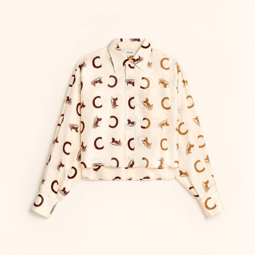 Celine Silk Twill Cropped Shirt Cream & Tan Carriage Monogram