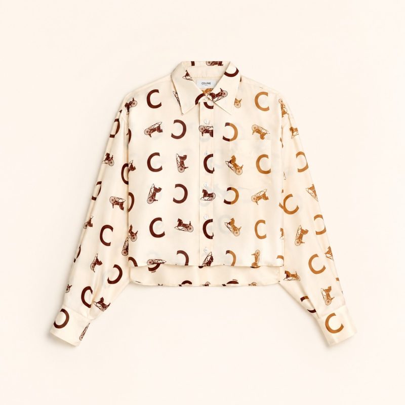 Celine Silk Twill Cropped Shirt Cream & Tan Carriage Monogram