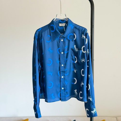Celine Silk Twill Cropped Shirt Navy Blue & White Carriage Monogram