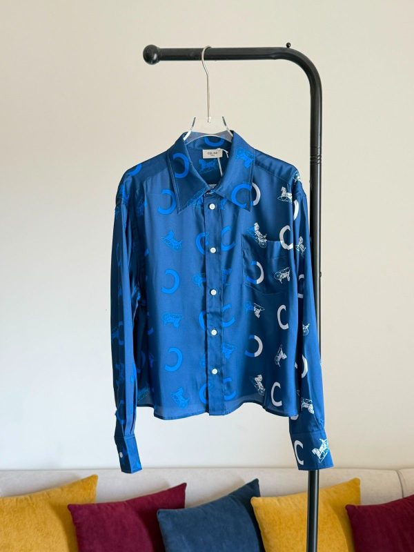Celine Silk Twill Cropped Shirt Navy Blue & White Carriage Monogram