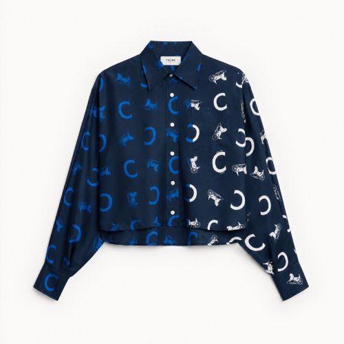 Celine Silk Twill Cropped Shirt Navy Blue & White Carriage Monogram