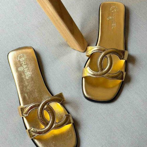 Chanel 26S Gold Crackled Laminated Calfskin CC Flat Mule Sandals