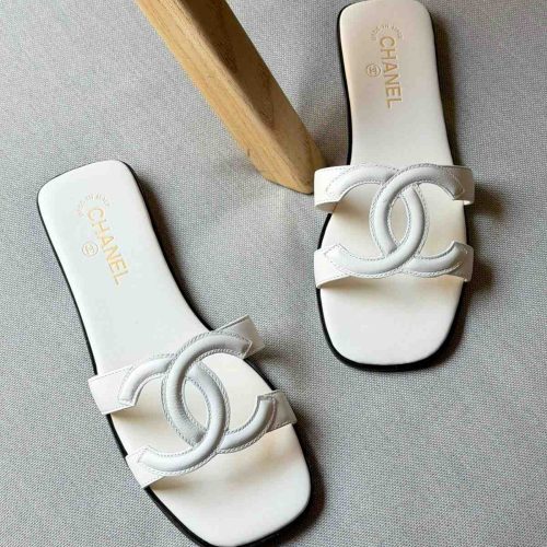 Chanel 26S White Calfskin CC Logo Flat Sandals