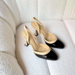 Chanel Beige And Black Patent Leather Cap Toe Slingback Sandals (2)