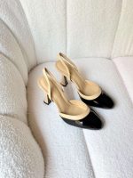 Chanel Beige And Black Patent Leather Cap Toe Slingback Sandals (2)