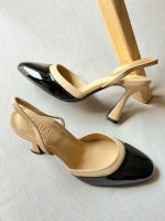 Chanel Beige And Black Patent Leather Cap Toe Slingback Sandals (2)