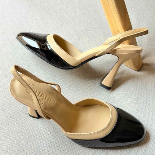 Chanel Beige And Black Patent Leather Cap Toe Slingback Sandals (2)