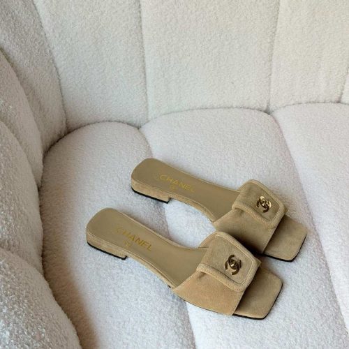 Chanel Beige Suede Leather CC Turnlock Mule Sandals