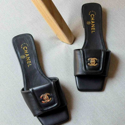 Chanel Black Lambskin Leather CC Turnlock Mule Sandals