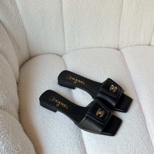 Chanel Black Lambskin Leather CC Turnlock Mule Sandals