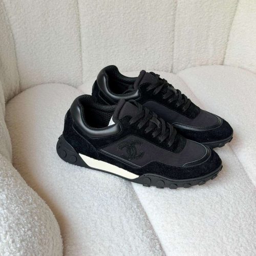 Chanel Black Mixed Fibers Suede Calfskin Womens CC Sneakers