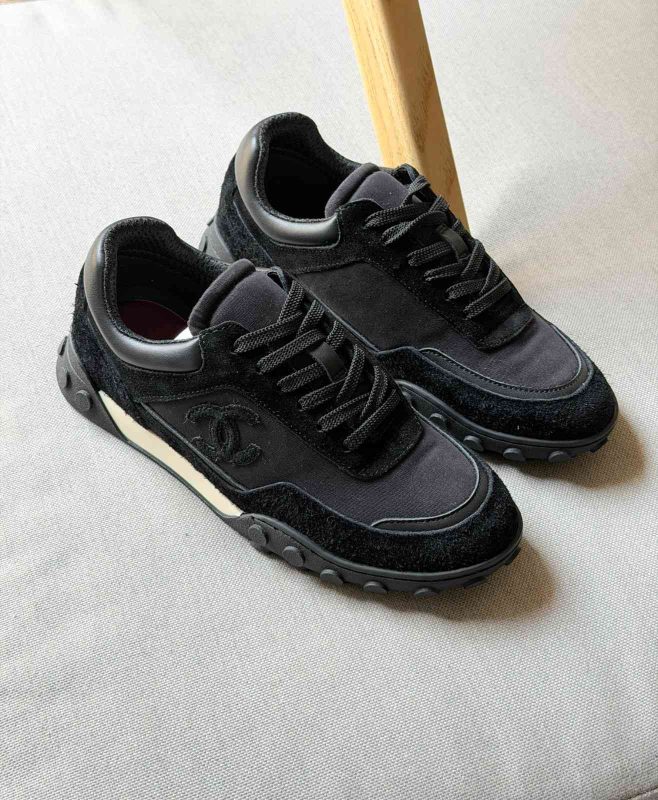 Chanel Black Mixed Fibers Suede Calfskin Womens CC Sneakers