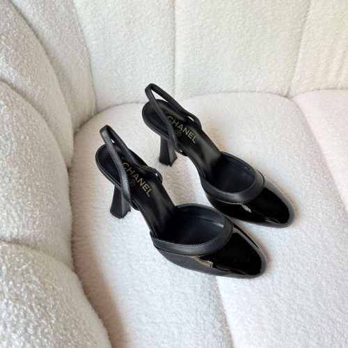 Chanel Black Patent Leather Cap Toe Slingback Sandals
