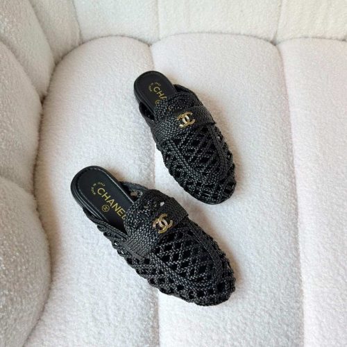 Chanel Braided Woven Lambskin Leather Mule Sandals black