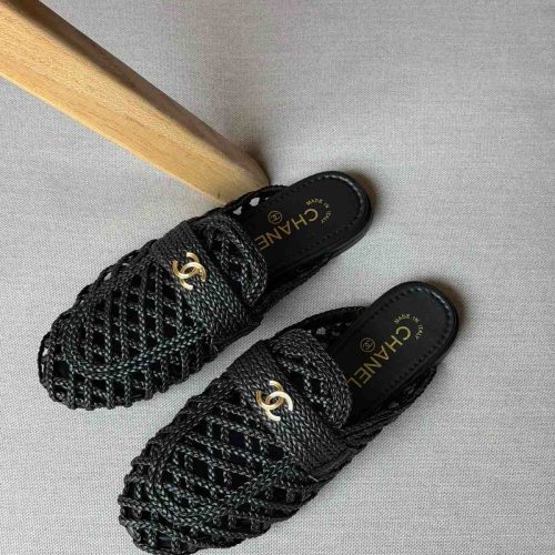 Chanel Braided Woven Lambskin Leather Mule Sandals black