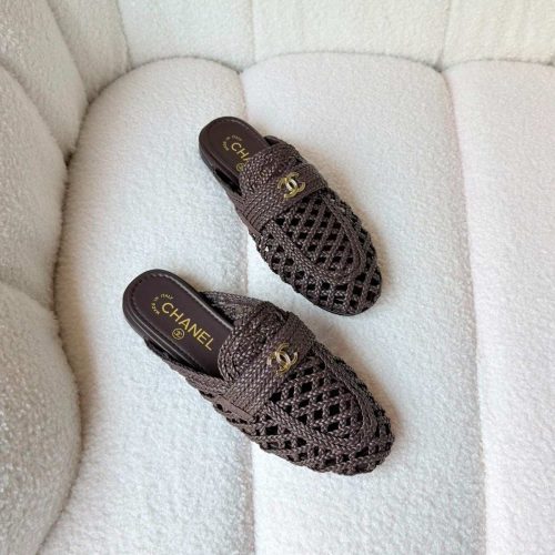 Chanel Braided Woven Lambskin Leather Mule Sandals Brown