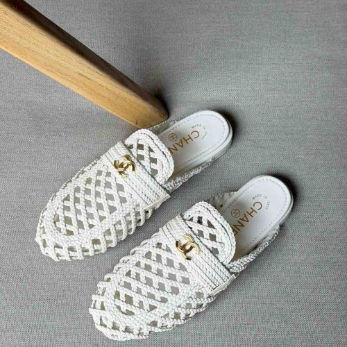 Chanel Braided Woven Lambskin Leather Mule Sandals White