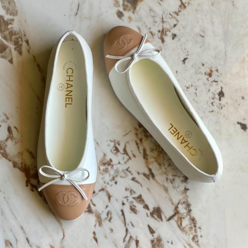 Chanel CC Cap Toe Bow Leather Ballet Flats Ivory & Beige