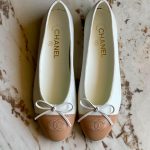 Chanel CC Cap Toe Bow Leather Ballet Flats Ivory & Beige