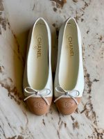 Chanel CC Cap Toe Bow Leather Ballet Flats Ivory & Beige