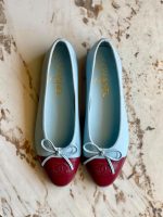 Chanel CC Cap Toe Bow Leather Ballet Flats Light Blue & Burgundy