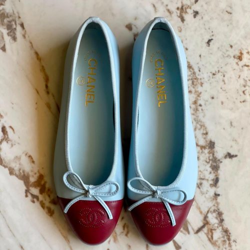 Chanel CC Cap Toe Bow Leather Ballet Flats Light Blue & Burgundy