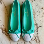 Chanel CC Cap Toe Bow Leather Ballet Flats Turquoise & White